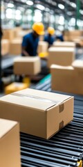 Boxes on conveyor belt in warehouse setting