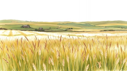 Poster - Golden wheat field with a farmhouse in the distance.