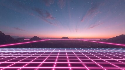 Sticker - Retro futuristic landscape with glowing pink grid.