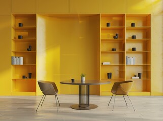 a modern living room with a yellow wall. two chairs. a table. and bookshelves