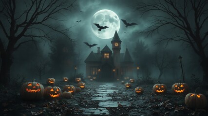 Canvas Print - A spooky Halloween scene with pumpkins, a house, and bats