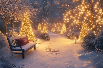 Bench with red pillow in snowy garden