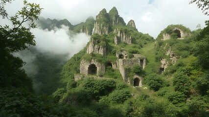 Canvas Print - Mysterious rock formations rise from a lush green hillside, partially shrouded in mist.