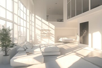 minimalistic stylish interior of luxury apartment with white stylish bedroom and dark living room. generative ai