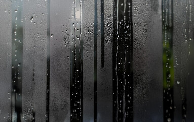 Poster - Water droplets and streaks of condensation cover a window pane.