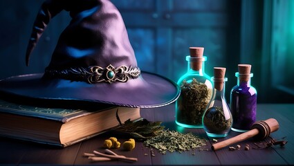 Witch hat, spell book and herbs for Halloween, Generative AI