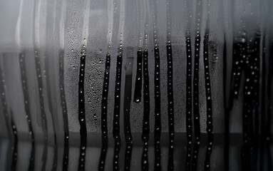 Poster - Close-up of a window pane with condensation forming streaks and droplets.