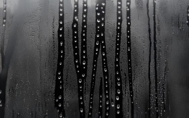 Aufkleber - Water droplets cling to a window pane, creating streaks and patterns against a dark backdrop.
