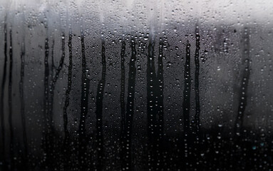 Aufkleber - A blurry view of trees through a window covered in condensation.