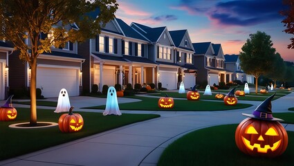 House facades and neighbourhood decorations for Halloween, Generative AI