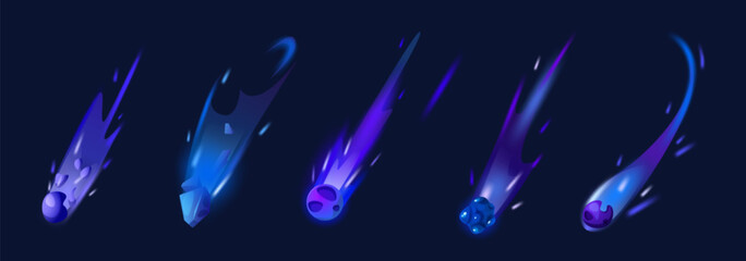 Wall Mural - blue asteroid with fire. space meteor trail in sky vector. meteorite stone fall with flare glow tail