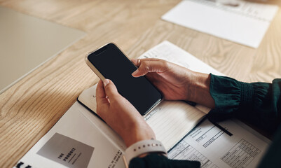 Sticker - Hands, notebook and phone with business person at table in boardroom of office for meeting or planning. App, contact and social media with employee typing text message on mobile in workplace