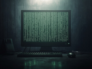 Wall Mural - a computer monitor with a green screen displaying a series of lines
