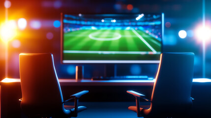 8K HD realistic photo of a soccer broadcast studio, featuring 2 sleek modern chairs and a stylish desk, large monitor displaying a soccer field backdrop, vibrant cyberpunk lighting