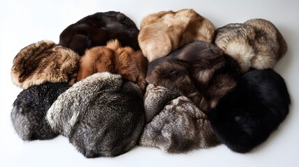 Wall Mural - 3. A variety of luxurious mink furs in rich browns and blacks, elegantly arranged on a white surface