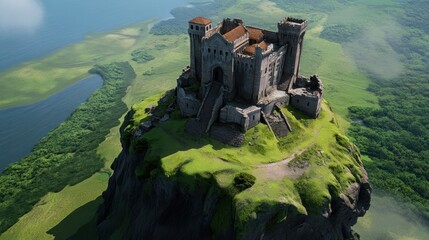 Ancient castle ruins atop a hill seen from above