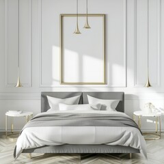 Modern bedroom interior with a grey headboard. white bedding. and gold accents The room features a large. empty picture frame. two side tables. and a wooden floor