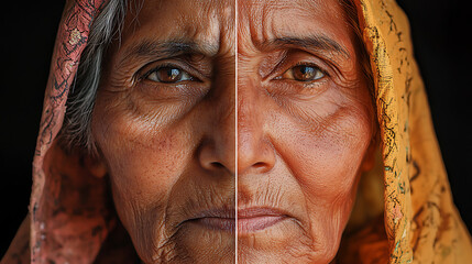 Close-up portrait showing a senior Indian woman’s face with a unique split showcasing each side of her face