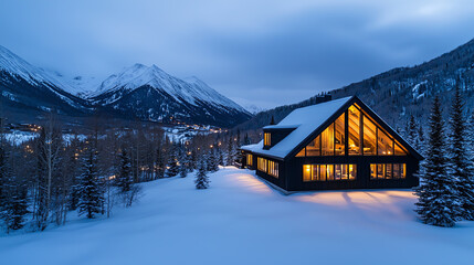 A-frame cabin nestled in snowy mountains, warm lights glowing from large windows, snow-covered pine trees surround, overcast sky, cinematic angle, serene winter retreat