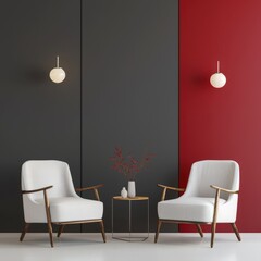 Two white armchairs with wooden arms face each other in front of a red and gray wall with two orb lights hanging above each chair There is a small round table with a vase of twigs in the middle