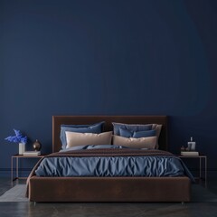 A minimalistic bedroom with a brown bed. blue bedding. and a dark blue wall There are two end tables with lamps and books