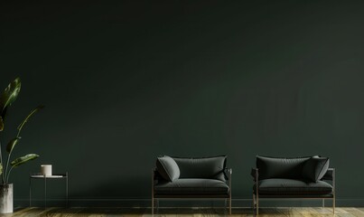 Minimalist living room interior with a dark green wall. two armchairs. and a potted plant on a side table