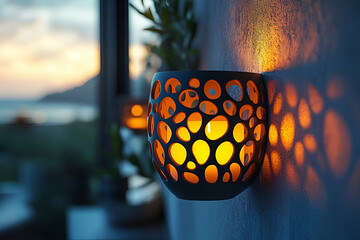 A decorative candle holder casts warm, glowing patterns on the wall, enhancing the serene ambiance of a sunset view.