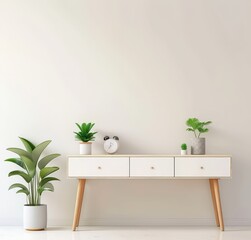 Minimalist living room interior with a wooden console table. two potted plants. and a white alarm clock on a white wall