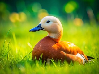 Canvas Print - Long Exposure of a Ruddy Shelduck Resting in Lush Green Grass Capturing Serenity and Nature's Beauty in a Tranquil Landscape