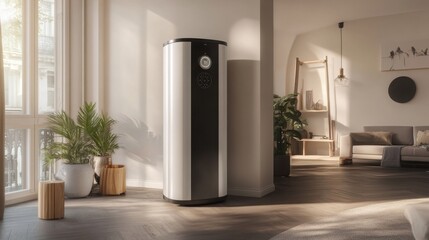 A professional technician installing a modern water heater in a new apartment, with clean