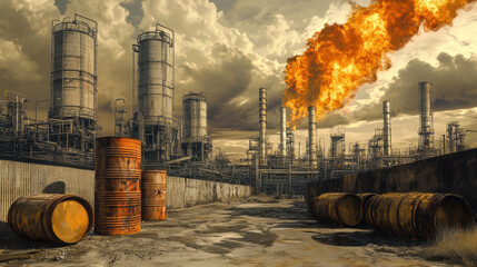 An industrial landscape featuring towering smokestacks, flames, and oil barrels, highlighting environmental concerns and energy production.