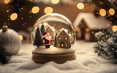 Poster - Magical Christmas Snow Globe with Santa House and Festive Decorations : Generative AI