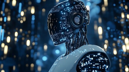 Aufkleber - Futuristic Robot Head with Circuitry in Illuminated Digital Environment : Generative AI