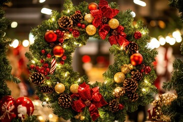 Wall Mural - festive holiday wreath adorned with red gold ornaments
