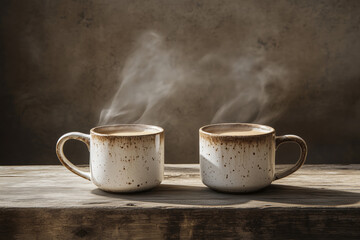 2 artisanal coffee mugs on a weathered wooden table.