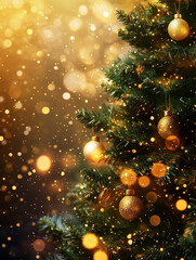 Christmas tree with bokeh lights, vertical background with copy space