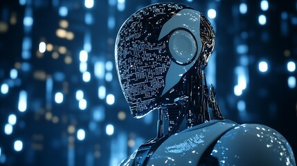 Aufkleber - Advanced Robotic Face with Digital Patterns in High-Tech Virtual Background : Generative AI