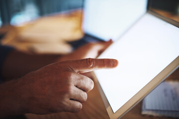 Sticker - Hands, blank tablet and in office, night and planning with project, review and mockup space on screen at startup. Entrepreneur, person and touchscreen for search, click and app ux at creative agency