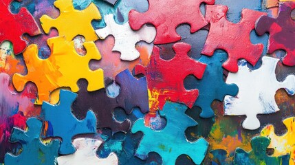 Colorful jigsaw puzzle pieces close up, a chaotic yet beautiful abstract background.