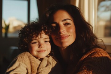 Young mother smiling and holding her curly haired child