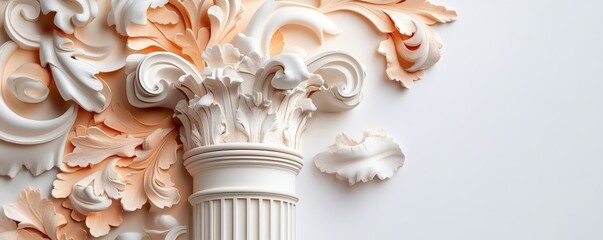 Ornate white architectural column with decorative relief on a light background