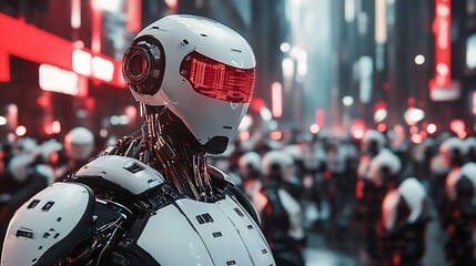 Poster - Humanoid robot in high-tech urban environment with bright neon red details and futuristic design : Generative AI