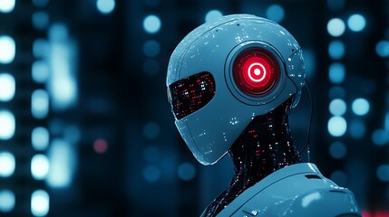 Poster - High Tech Android with Glowing Red Circular Eye in Digital Realm : Generative AI