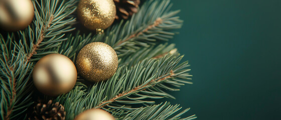 Festive Pine Branches with Golden Baubles, green color background, copy space, closeup, Christmas banner