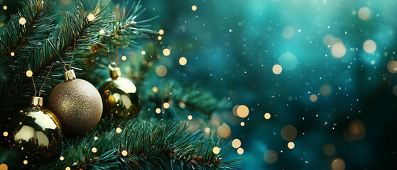 Festive Pine Branches with Golden Baubles, green color background, copy space, closeup, Christmas banner