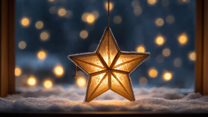 A window decorated with glowing Christmas star lanterns, casting a warm glow into a snowy evening.