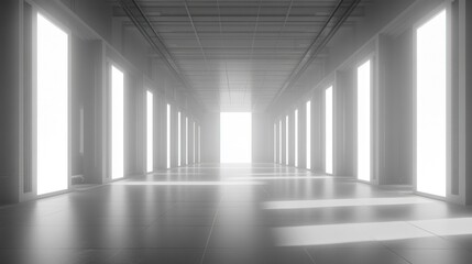A long, white corridor with a bright light at the end.
