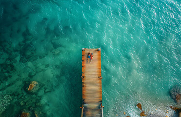 couple, lying, wooden, pier, aerial, view, turquoise, water, style