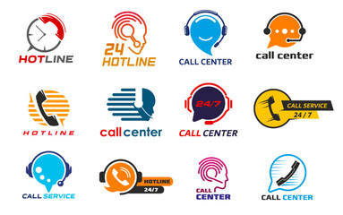 Poster - Call center icons, customer support service, hot line help telephone symbols. Vector phone headset and handset, contact hotline operator, headphone, microphone and online chat speech bubble silhouette