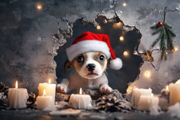 Cute puppy with Santa cap through rustic wall setup